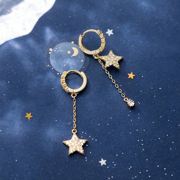 *NEW Gold Diamond Star Waterdrop Hoop Earrings - Picture 3 of 8